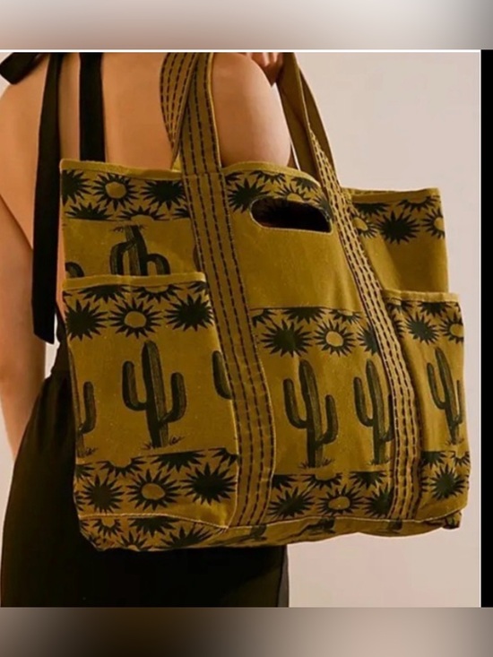 Free People Handbags - Free People Caravan Olive Green Cactus Print Canvas Tote Bag
